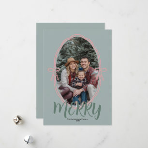 Preppy Elegant Sage Green Pink Bow Family Photo Holiday Card