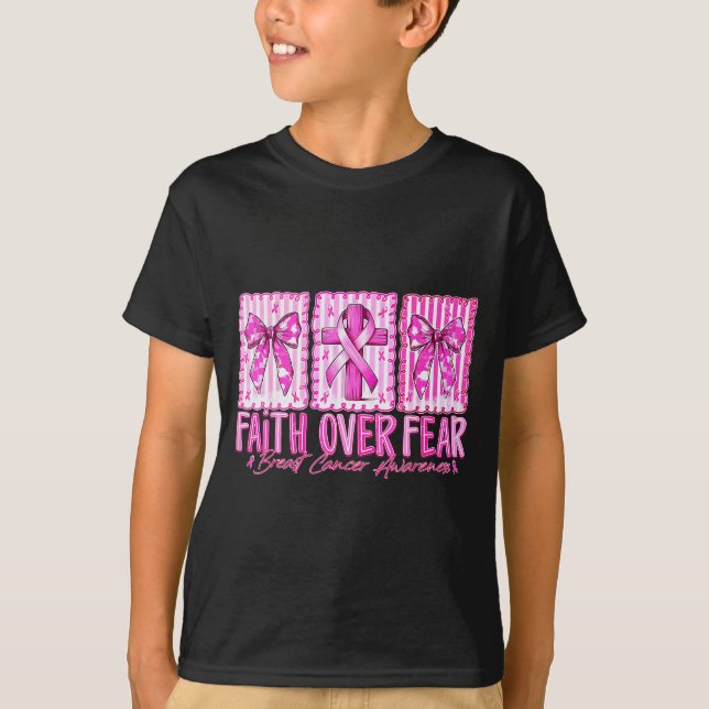 Preppy Faith Over Fear Breast Cancer Bow Warrior C T-Shirt (Front)
