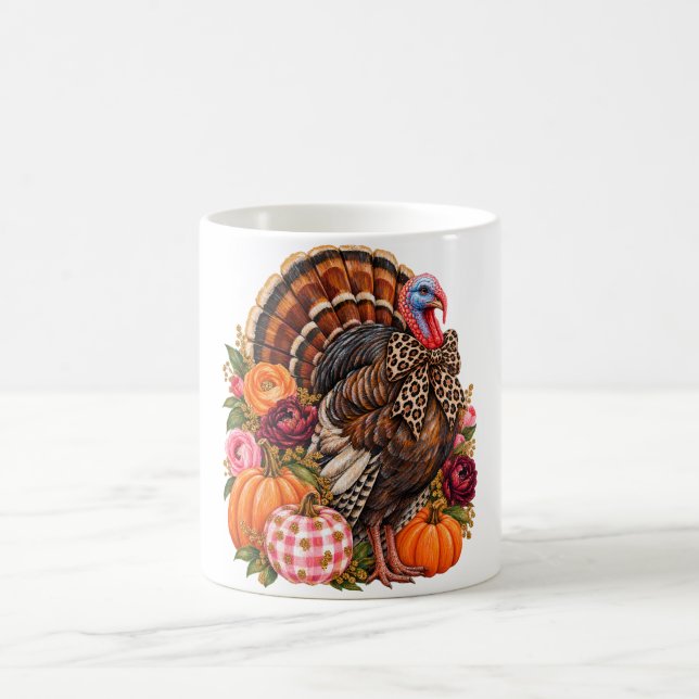 Preppy Fall Turkey Floral Pumpkins Leopard Bow Tha Coffee Mug (Center)