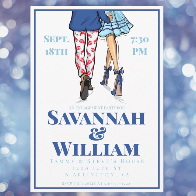 Preppy Fashion Illustration Engagement Party Navy Invitation (Creator Uploaded)