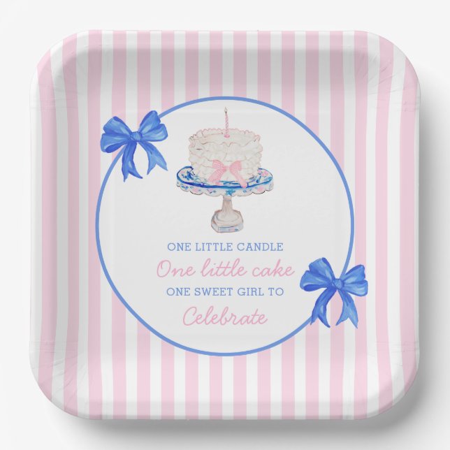 Preppy First Birthday Chinoiserie Ruffle Cake Bows Paper Plate (Front)