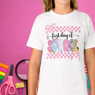 Preppy First Day of School Checkered Coquette Bow  T-Shirt