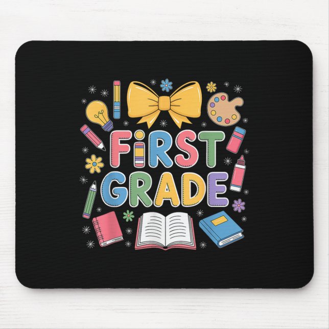 Preppy First Grade Back To School Coquette Bow Tea Mouse Pad (Front)