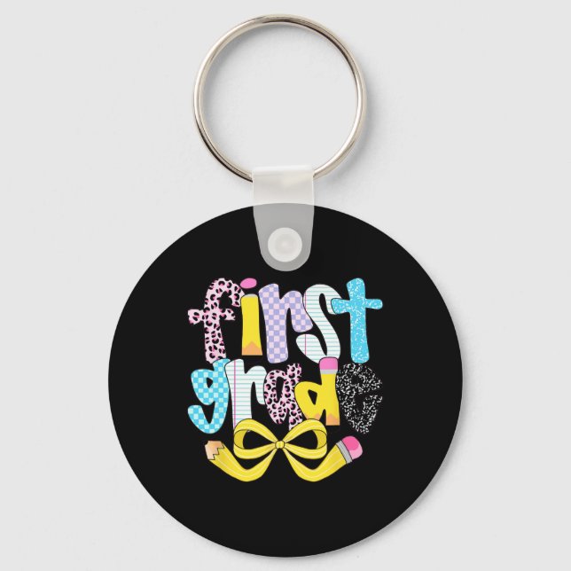 Preppy First Grade Retro Chequered Teacher Back To Key Ring (Front)