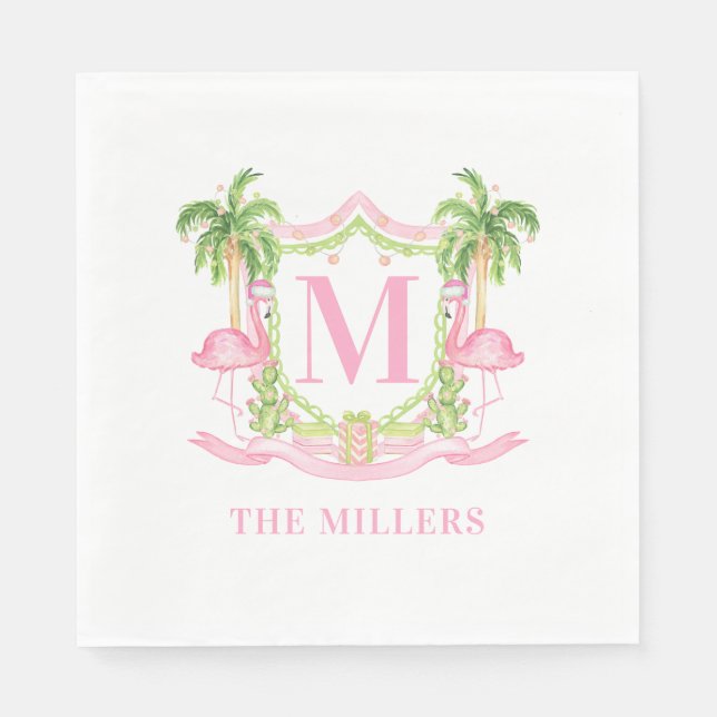 Preppy Flamingo Christmas Crest Napkin (Front)