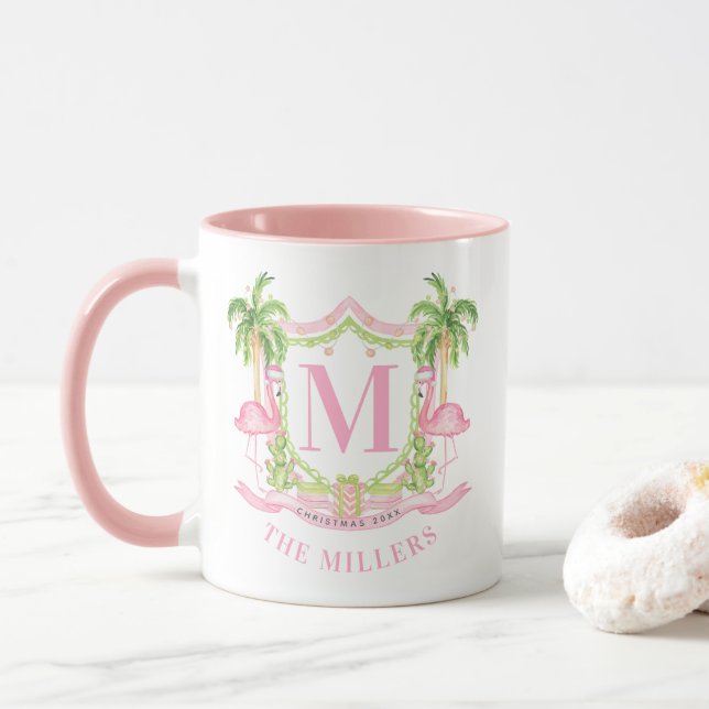 Preppy Flamingo Christmas Monogram Crest Mug (With Donut)