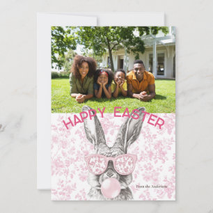 Preppy Floral Bubblegum Bunny Custom Photo Easter Holiday Card