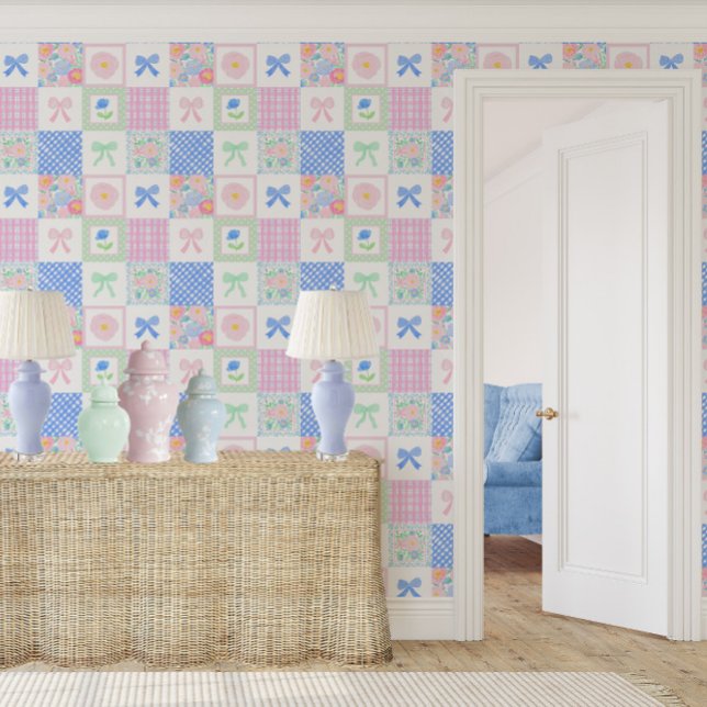 Preppy floral grandmillennial block bows gingham wallpaper (Creator Uploaded)