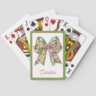 Preppy Floral Pink and Green Bow Personalised Playing Cards