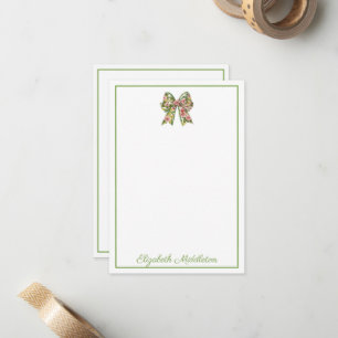 Preppy Floral Pink and Green Bow Personalized Card