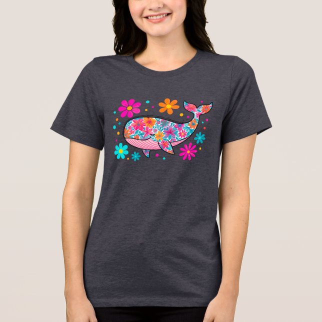 Preppy Floral Summer Whale Tri-Blend Shirt (Front)