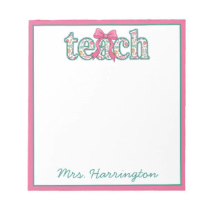 Preppy Floral Teach with Pink Bow Notepad