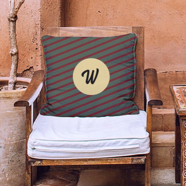 Preppy Forest Green & Burgundy Stripes Monogram Cushion (Creator Uploaded)