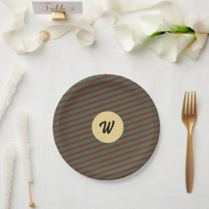 Preppy Forest Green & Burgundy Stripes Monogram Paper Plate