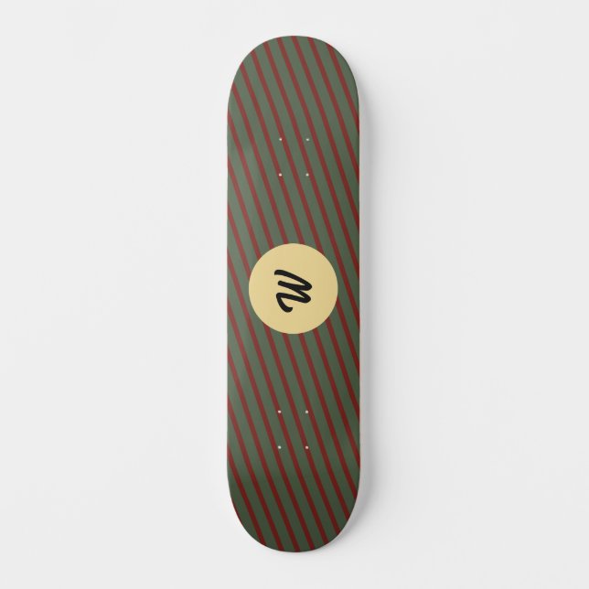 Preppy Forest Green & Burgundy Stripes Monogram Skateboard (Front)