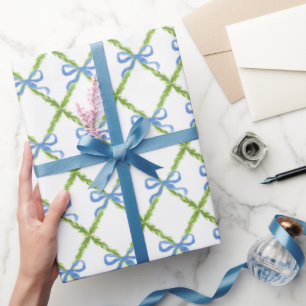 Preppy Garden Trellis with Blue Bows Wrapping Paper