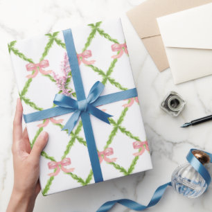 Preppy Garden Trellis with Pink Bows Wrapping Paper