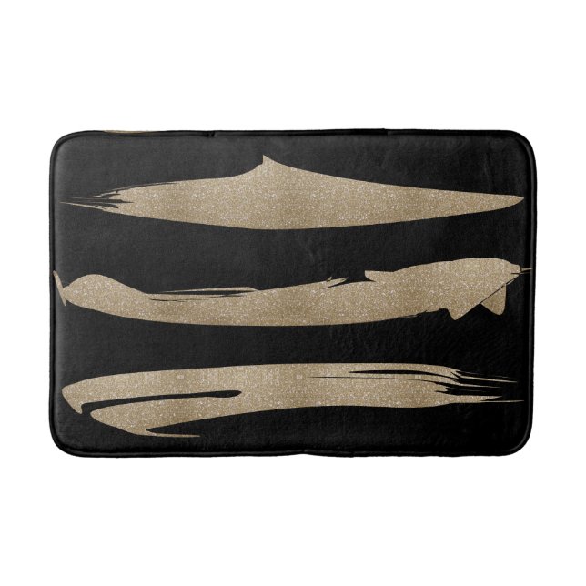 preppy geometric pattern black and gold stripes bath mat (Front)