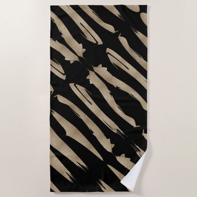 preppy geometric pattern black and gold stripes beach towel (Front)