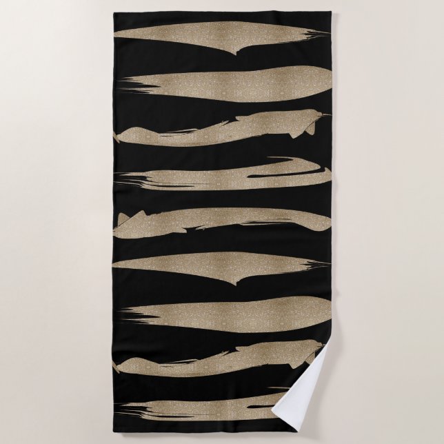 preppy geometric pattern black and gold stripes beach towel (Front)