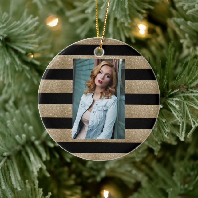 preppy geometric pattern black and gold stripes ceramic tree decoration (Tree)