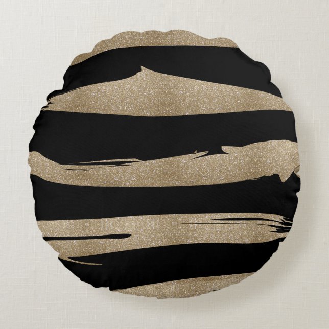 preppy geometric pattern black and gold stripes round cushion (Front)