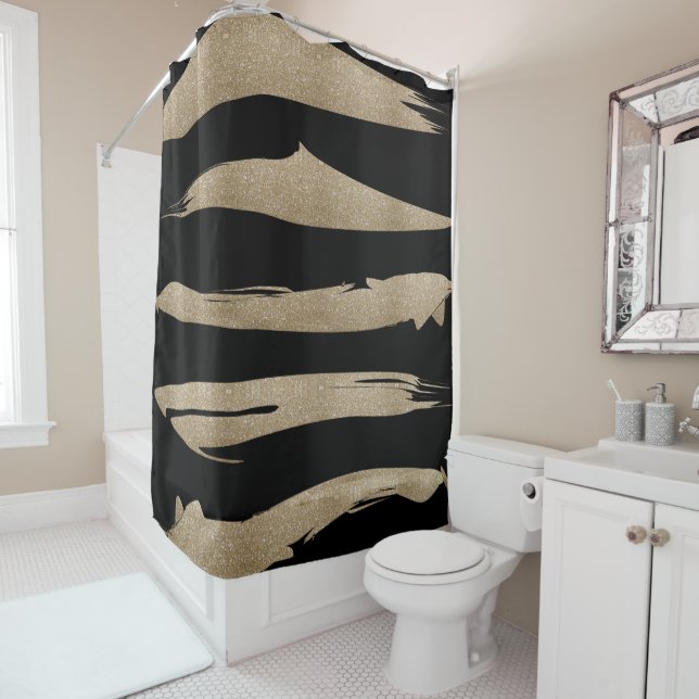 preppy geometric pattern black and gold stripes shower curtain (In Situ)