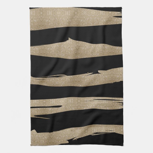 preppy geometric pattern black and gold stripes tea towel (Vertical)