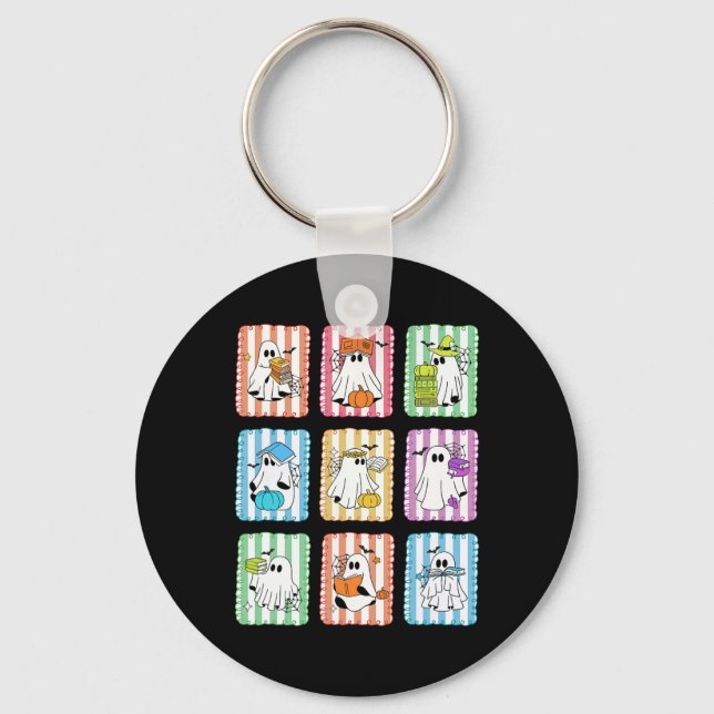 Preppy Ghost Reading Books Teacher Halloween Libra Key Ring (Front)