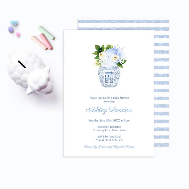 Preppy Ginger Jar Blue Floral Boy Baby Shower Invitation (Creator Uploaded)