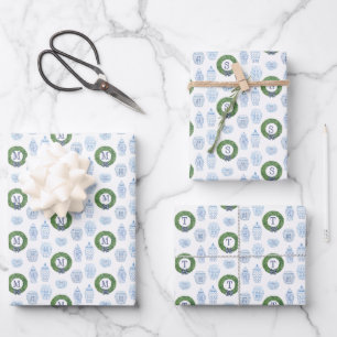 Preppy Ginger Jar Boxwood Wreath Monogram Holidays Wrapping Paper Sheet