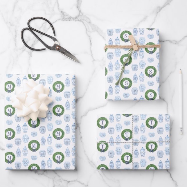 Preppy Ginger Jar Boxwood Wreath Monogram Holidays Wrapping Paper Sheet (Front)