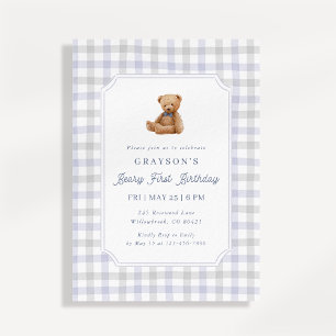 Preppy Gingham Teddy Bear Beary First Birthday Invitation