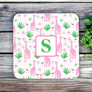 Preppy Giraffes & Cosmopolitans Monogram  Square Paper Coaster