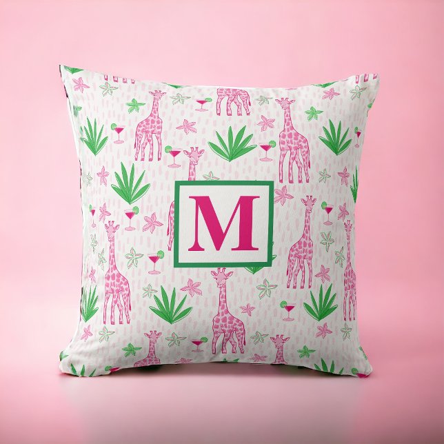 Preppy Giraffes Cosmopolitans Pink Monogram  Cushion (Creator Uploaded)