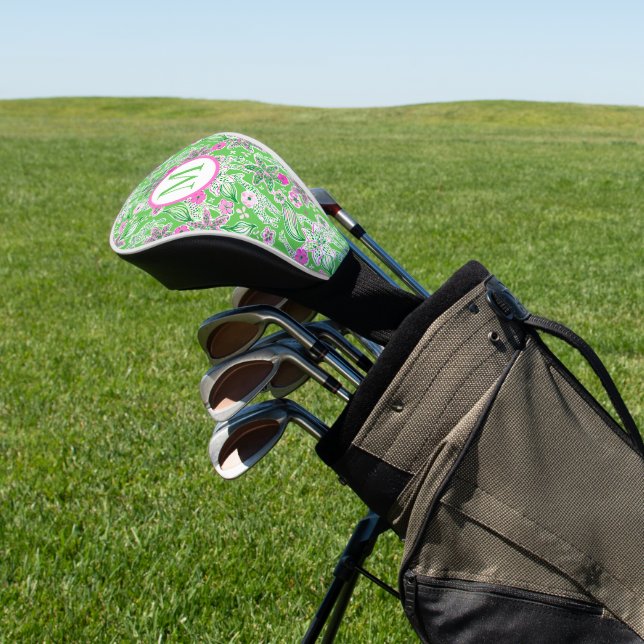 Preppy Giraffes Lily Pink Green Monogram Golf Head Cover (In Situ)