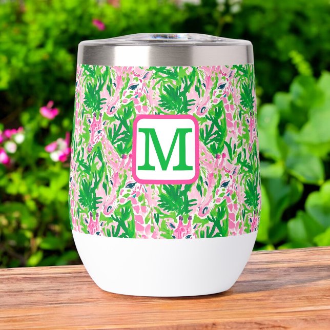 Preppy Giraffes Pink Green Tropical Monogram (Creator Uploaded)