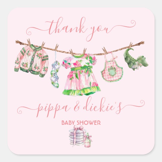 Preppy Girl clothesline Baby Shower Square Sticker (Front)