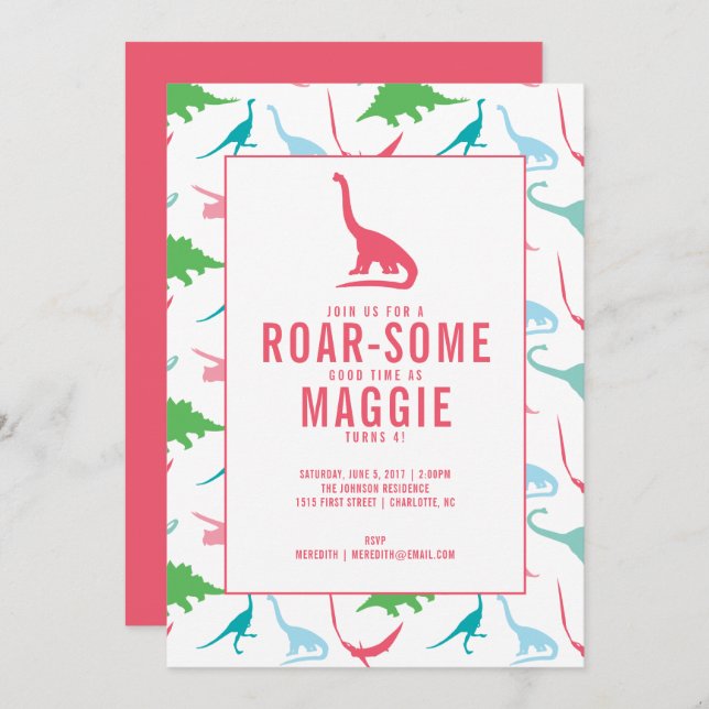 Preppy Girl Dinosaur Birthday Party Invitation (Front/Back)