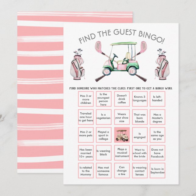 Preppy Girl Golf Find the Guest BINGO  Invitation (Front/Back)