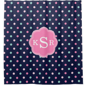 Preppy Girly Navy Pink Aqua Dots Personalised Shower Curtain
