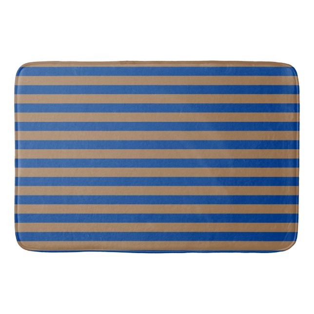  Preppy Gold and Blue Stripes Geometric Pattern Bath Mat (Front)