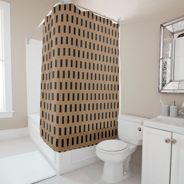  Preppy Gold and Chic Black Geometric Grid Pattern Shower Curtain (In Situ)