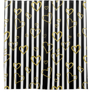 Preppy Gold Hearts Stripe Pattern Shower Curtain