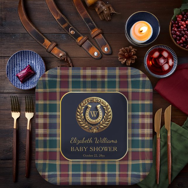 Preppy Gold Horseshoe Monogram Blue Baby Shower Paper Plate (Equestrian Emblem Monogram Preppy Navy Blue and Plaid Boy Baby Shower Square Paper Plates)