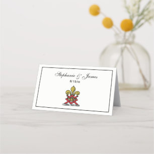 Preppy Gold Red Heraldic Crest Fleur de Lis Emblem Place Card