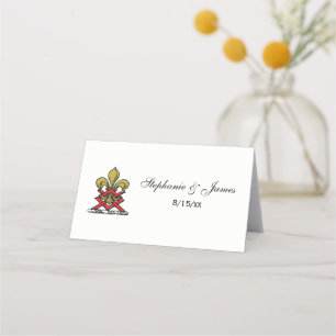 Preppy Gold Red Heraldic Crest Fleur de Lis Emblem Place Card
