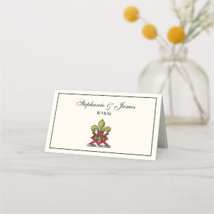 Preppy Gold Red Heraldic Crest Fleur de Lis Emblem Place Card