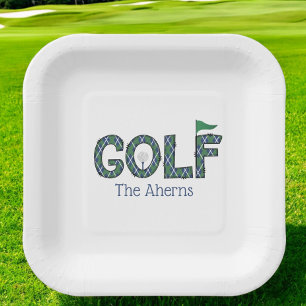 Preppy Golf Blue Green Argyle Custom Paper Plate