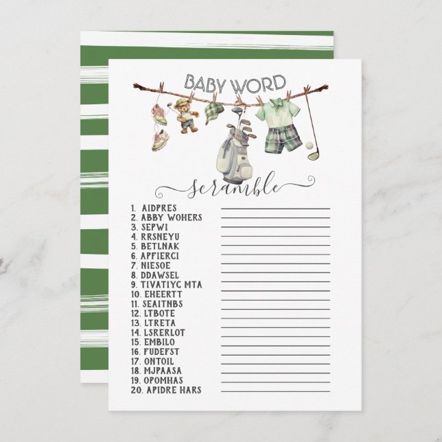 Preppy Golf Clothesline Baby Word Scramble Invitation (Front/Back)